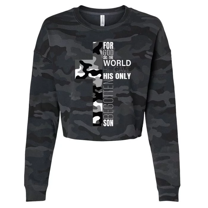 Camo Christian Cross Bible Verse Cropped Pullover Crew