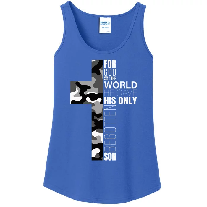 Camo Christian Cross Bible Verse Ladies Essential Tank