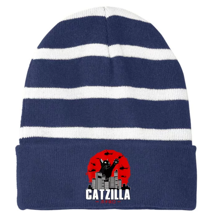 Catzilla Cute Cat Stuff For Cat Lover, Cat Mom, Cat Dad Striped Beanie with Solid Band