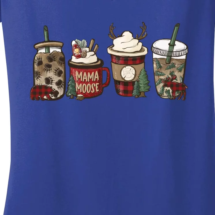 Cabin Christmas Coffee Mama Moose Holiday S Funny Gift Women's V-Neck T-Shirt