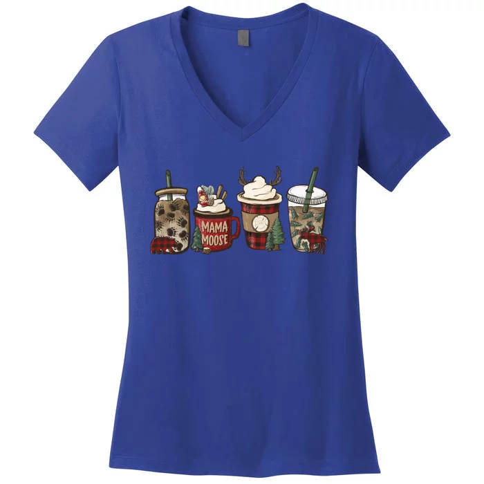 Cabin Christmas Coffee Mama Moose Holiday S Funny Gift Women's V-Neck T-Shirt