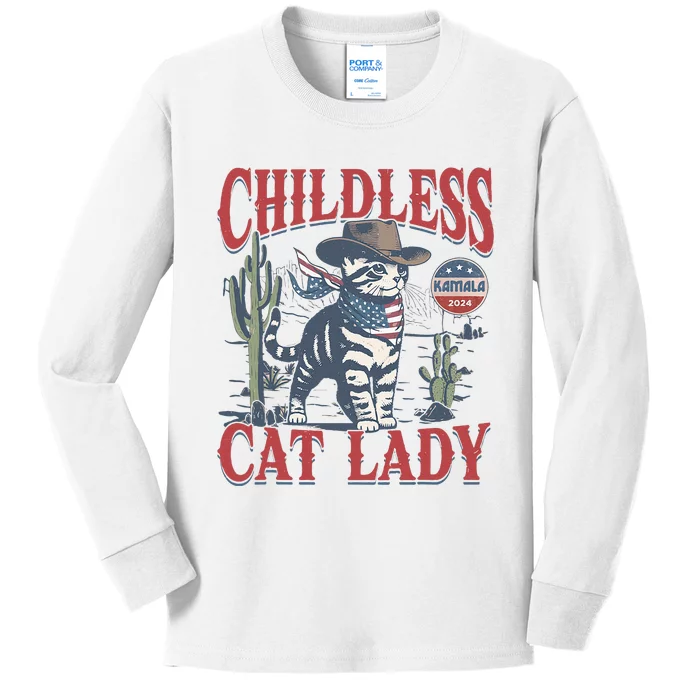 Cowboy Cat Childless Cat Lady For Kamala Election Voting Kids Long Sleeve Shirt