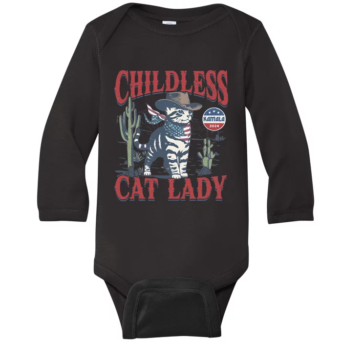 Cowboy Cat Childless Cat Lady Kamala 2024 Election Voting Baby Long Sleeve Bodysuit