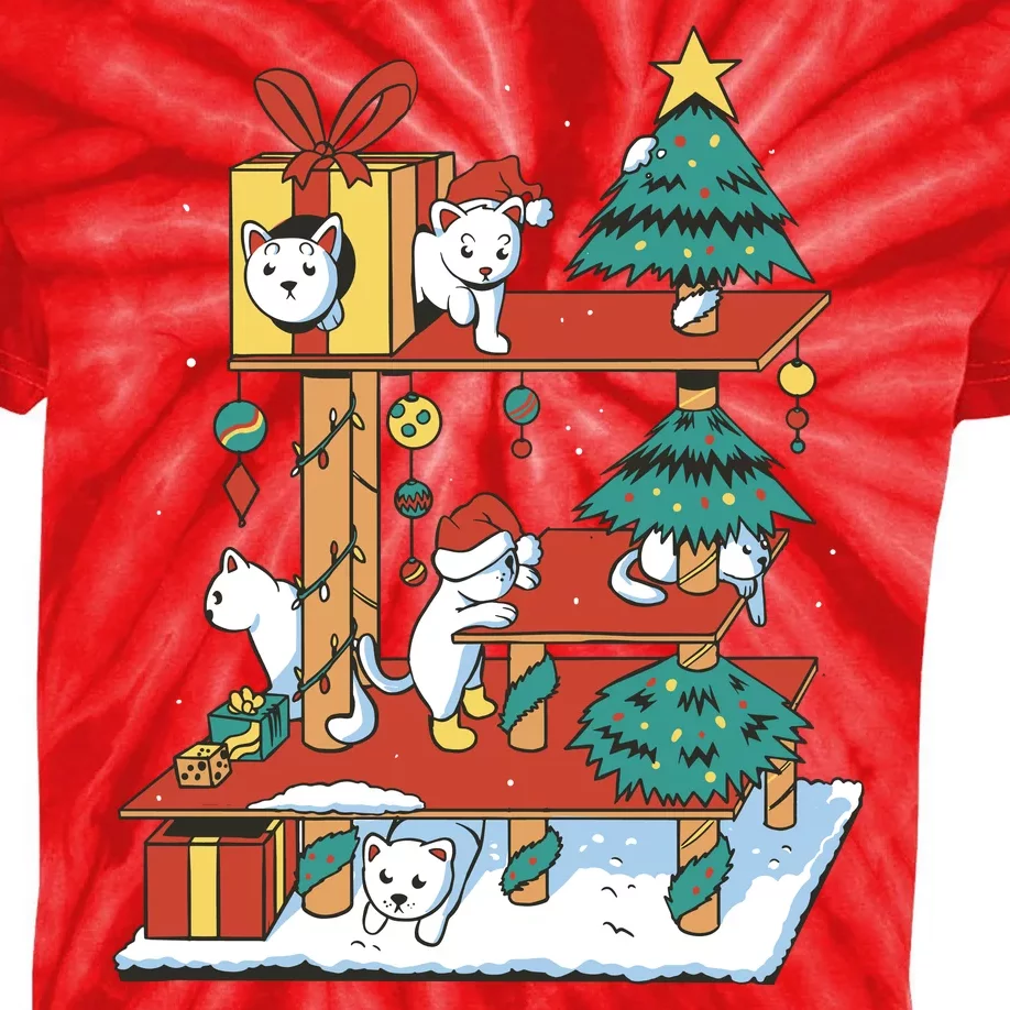 Cathouse Christmas Cat Tree Kids Tie-Dye T-Shirt