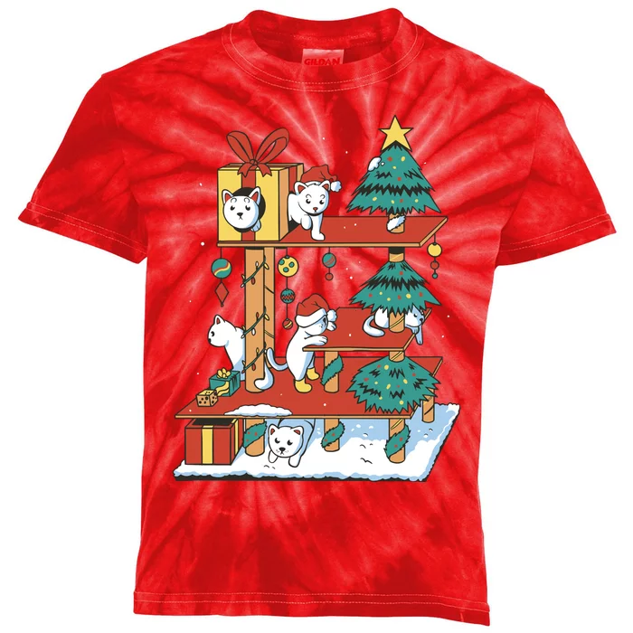 Cathouse Christmas Cat Tree Kids Tie-Dye T-Shirt