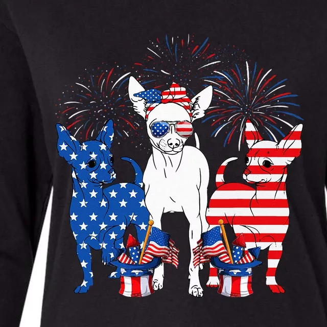 Cute Chihuahua Dogs American Flag Indepedence Day July 4th Womens Cotton Relaxed Long Sleeve T-Shirt