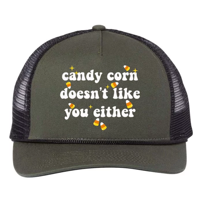 CANDY CORN DOESN'T LIKE YOU EITHER Funny Halloween Meme Retro Rope Trucker Hat Cap