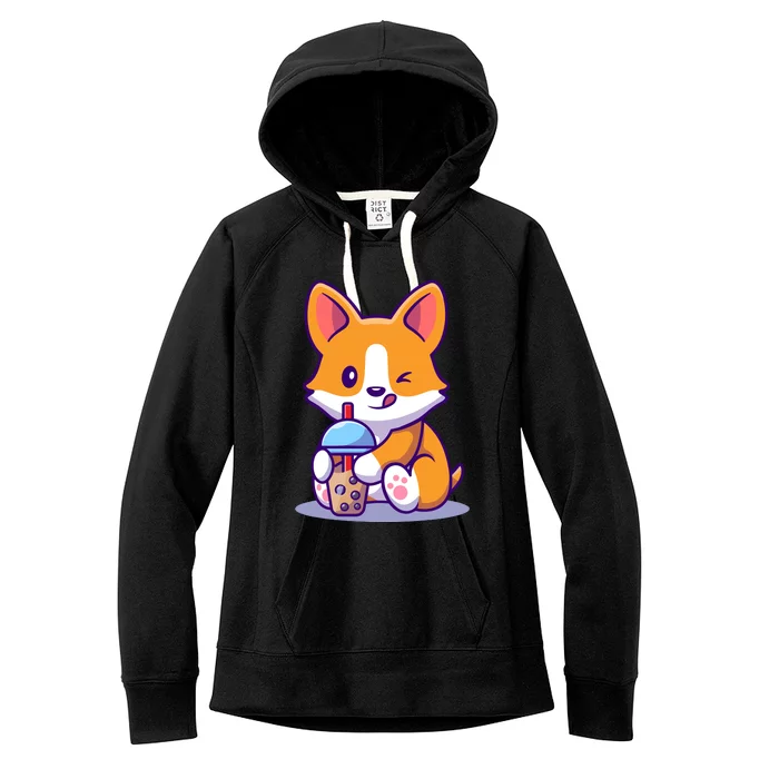 Cute Corgi Drink Milk Tea Boba Women's Fleece Hoodie