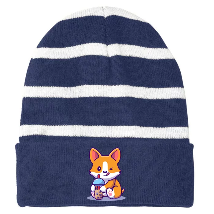 Cute Corgi Drink Milk Tea Boba Striped Beanie with Solid Band