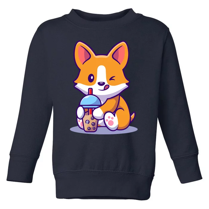 Cute Corgi Drink Milk Tea Boba Toddler Sweatshirt