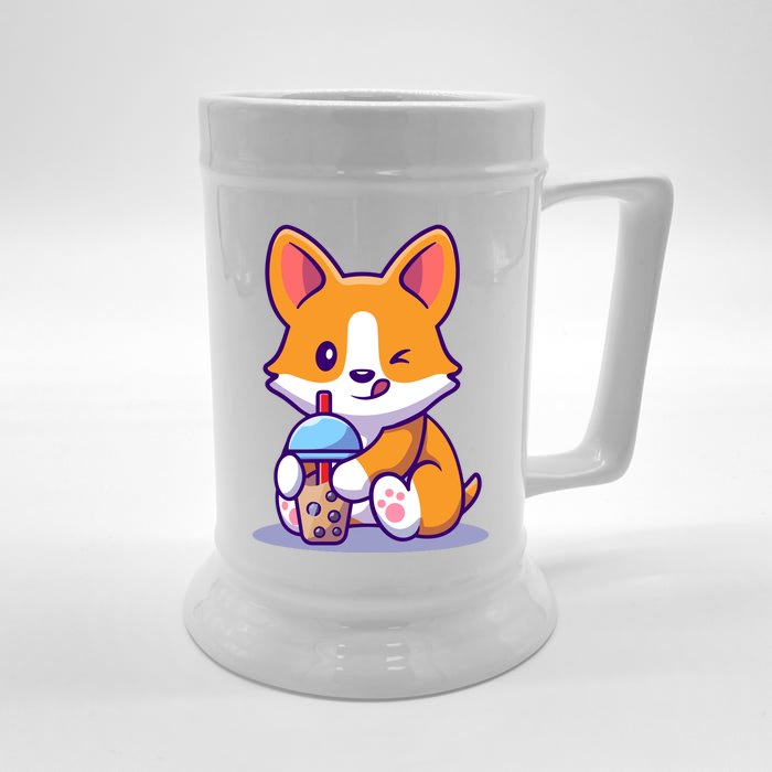 Cute Corgi Drink Milk Tea Boba Front & Back Beer Stein