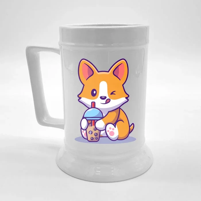 Cute Corgi Drink Milk Tea Boba Front & Back Beer Stein