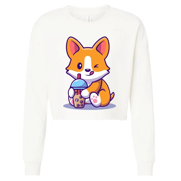 Cute Corgi Drink Milk Tea Boba Cropped Pullover Crew