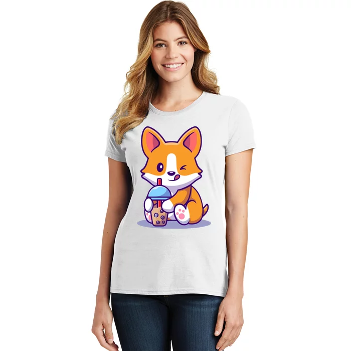 Cute Corgi Drink Milk Tea Boba Women's T-Shirt