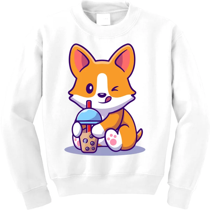 Cute Corgi Drink Milk Tea Boba Kids Sweatshirt