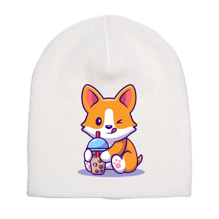 Cute Corgi Drink Milk Tea Boba Short Acrylic Beanie