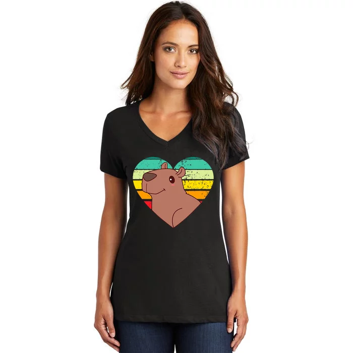 Cute Capybara Design Retro Heart Shape Vintage Women's V-Neck T-Shirt