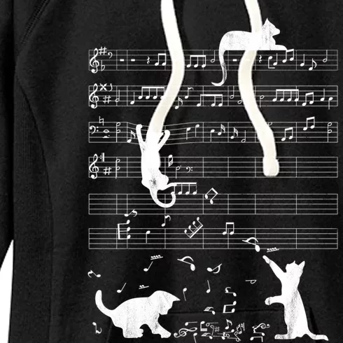 Cute Cat Distressed Music Notes Kitty Piano Musician Meaningful Gift Women's Fleece Hoodie