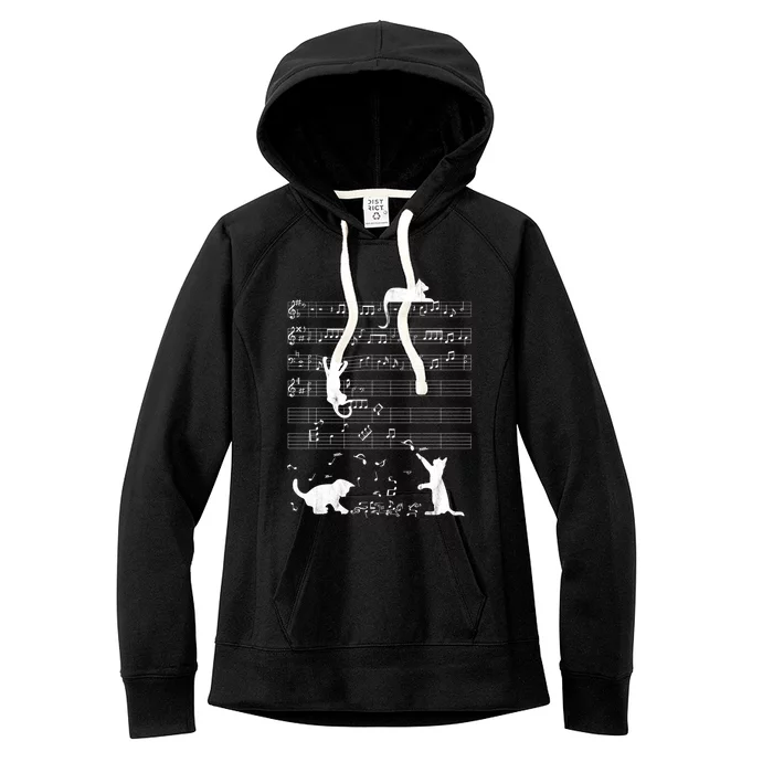 Cute Cat Distressed Music Notes Kitty Piano Musician Meaningful Gift Women's Fleece Hoodie