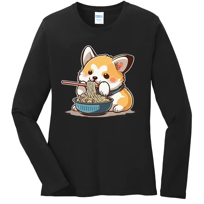 Chubby Corgi Dog Anime Eating Ramen Cute Ladies Long Sleeve Shirt