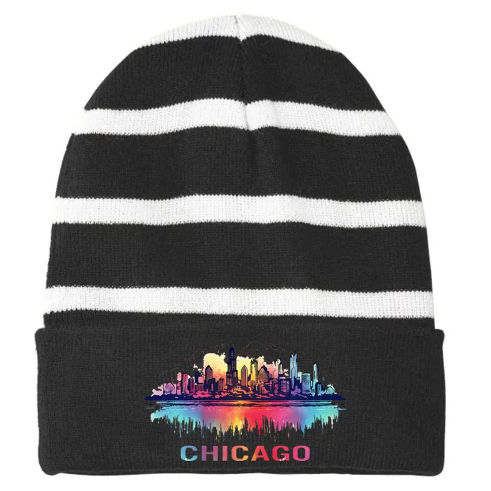 Chicago City Downtown Skyline Striped Beanie with Solid Band