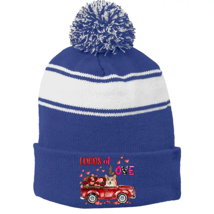 Cute Corgi Dog Driving Red Truck Happy Valentine's Day Gift Stripe Pom Pom Beanie