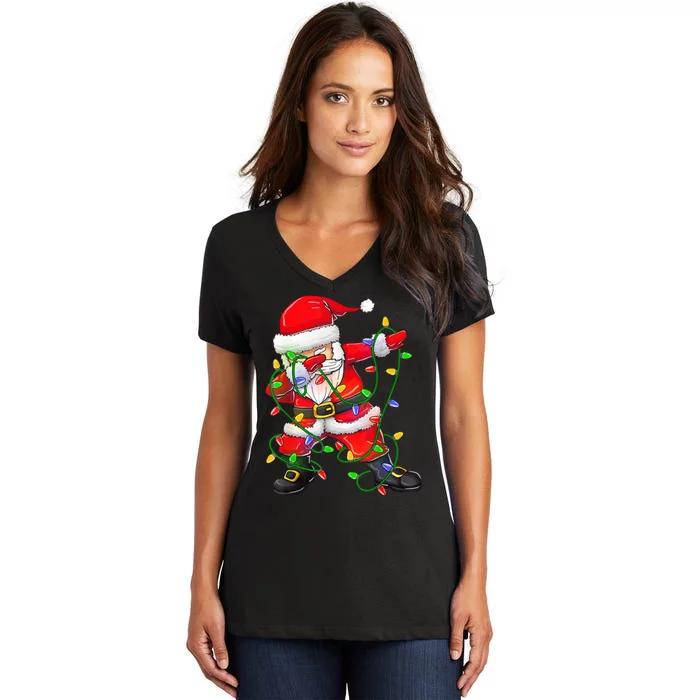 Cute Christmas Dabbing Santa Lights Women's V-Neck T-Shirt