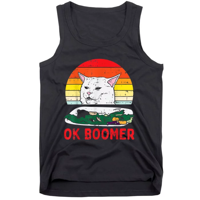 Confused Cat Dinner Table Ok Boomer Funny Meme Lover Gift Tank Top