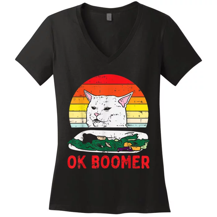 Confused Cat Dinner Table Ok Boomer Funny Meme Lover Gift Women's V-Neck T-Shirt