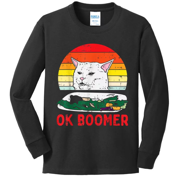 Confused Cat Dinner Table Ok Boomer Funny Meme Lover Gift Kids Long Sleeve Shirt