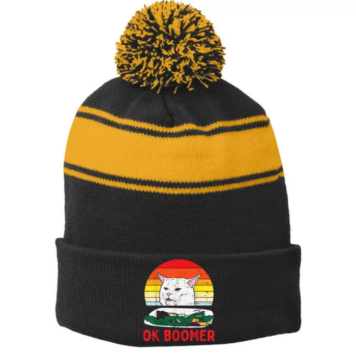 Confused Cat Dinner Table Ok Boomer Funny Meme Lover Gift Stripe Pom Pom Beanie