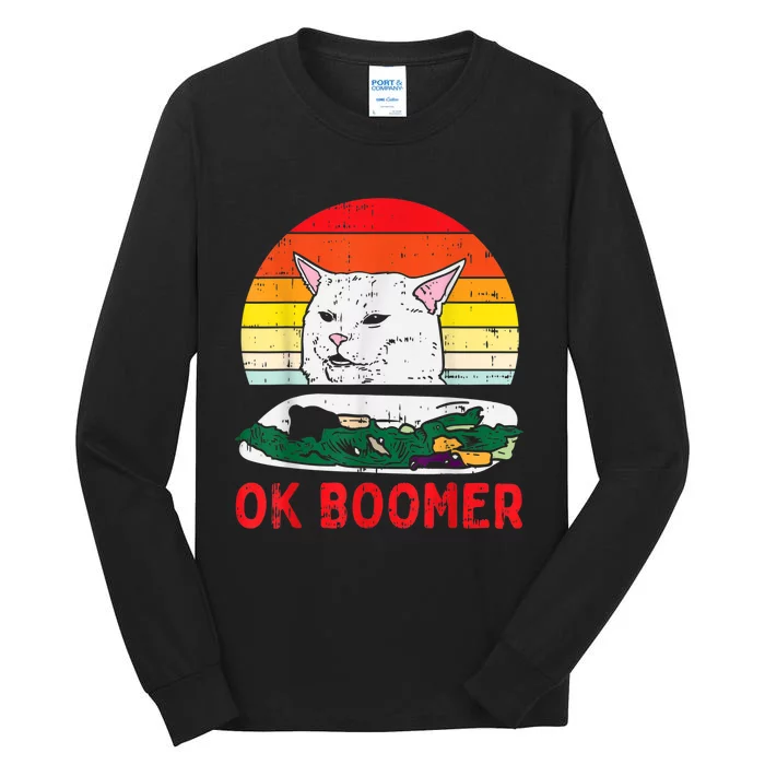 Confused Cat Dinner Table Ok Boomer Funny Meme Lover Gift Tall Long Sleeve T-Shirt