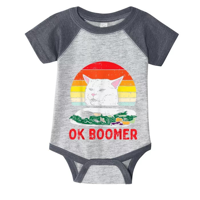 Confused Cat Dinner Table Ok Boomer Funny Meme Lover Gift Infant Baby Jersey Bodysuit