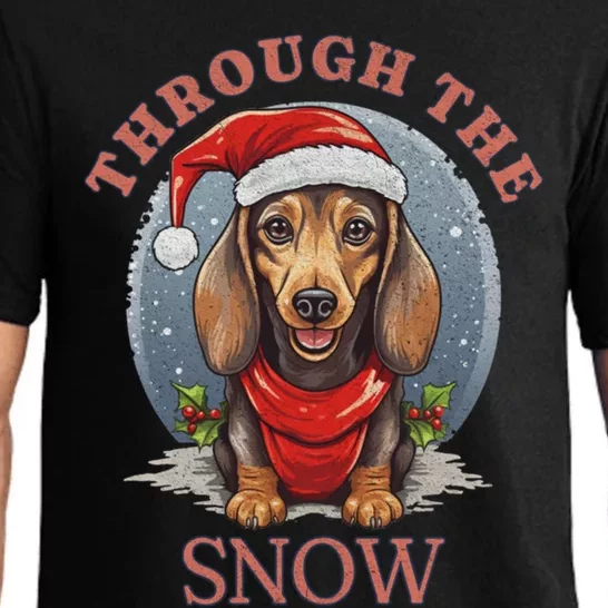 Cute Christmas Dachshund Dog Through The Snow Xmas Holiday Gift Pajama Set