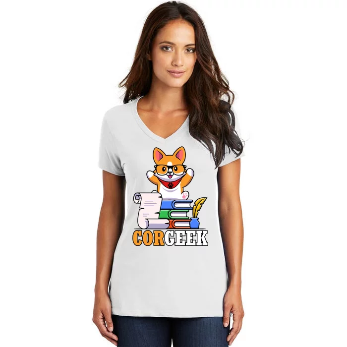 CORGEEK Cute Educated Corgi Women's V-Neck T-Shirt