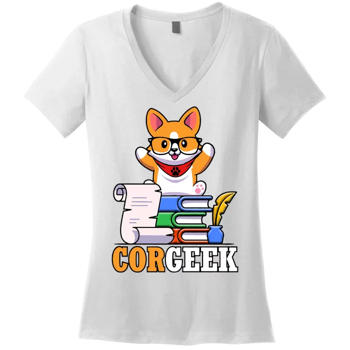 CORGEEK Cute Educated Corgi Women's V-Neck T-Shirt