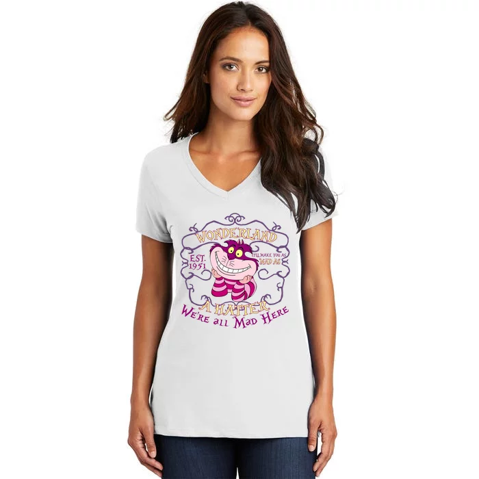 Cheshire Cat Est 1951 Were All Mad Alice In Wonderland Women's V-Neck T-Shirt