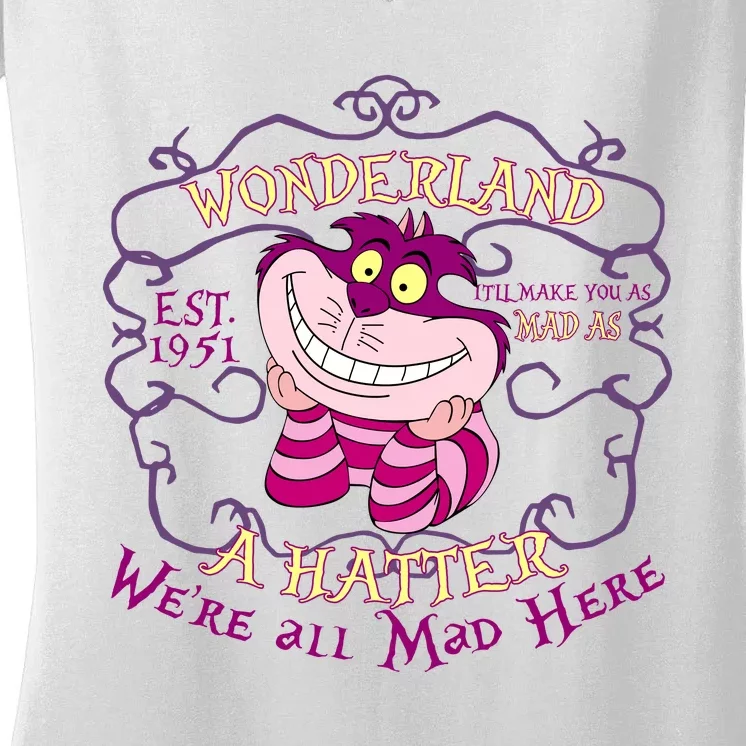 Cheshire Cat Est 1951 Were All Mad Alice In Wonderland Women's V-Neck T-Shirt