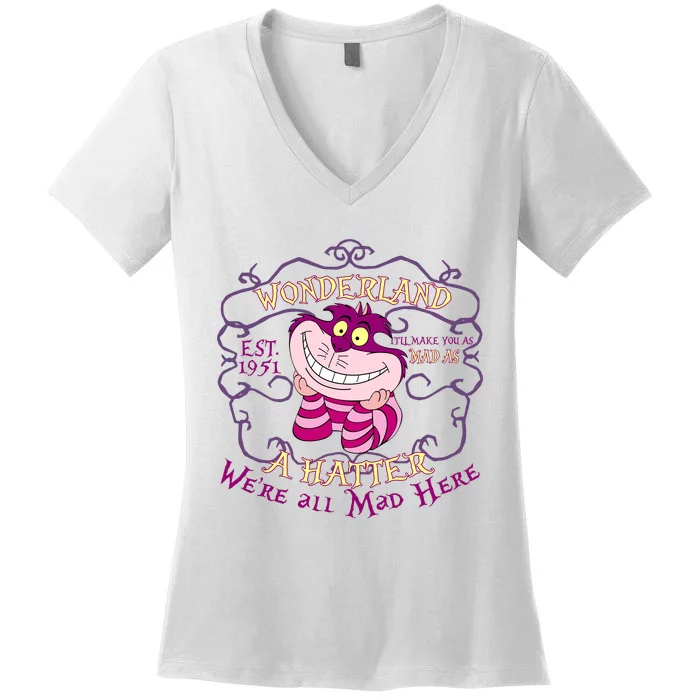 Cheshire Cat Est 1951 Were All Mad Alice In Wonderland Women's V-Neck T-Shirt