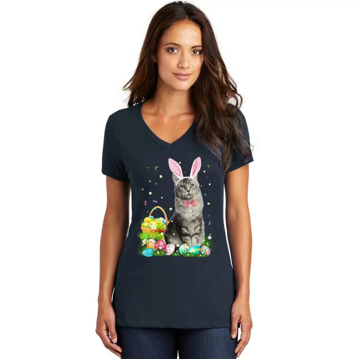 Cute Cat Easter Day Bunny Eggs Costume Gift Funny Cute Women's V-Neck T-Shirt