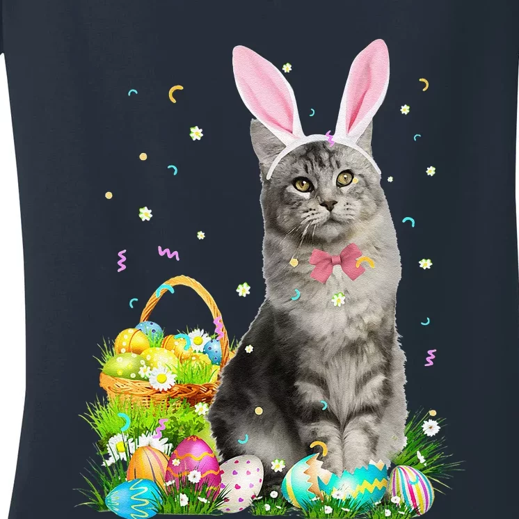 Cute Cat Easter Day Bunny Eggs Costume Gift Funny Cute Women's V-Neck T-Shirt