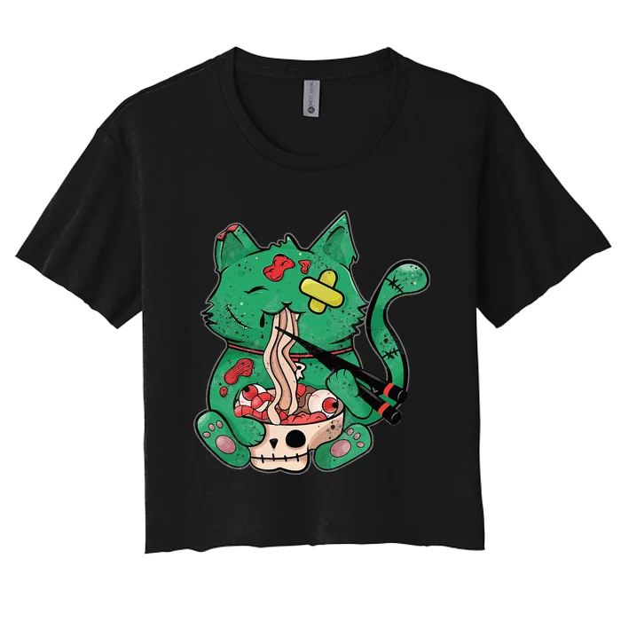 Creepy Cat Eating Ra Noodles Halloween Costume Women's Crop Top Tee