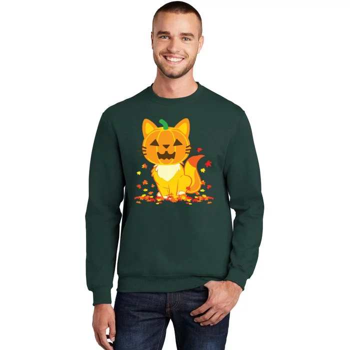 Cute Cat Face Jack O Lantern Pumpkin Halloween Autumn Fall Tall Sweatshirt