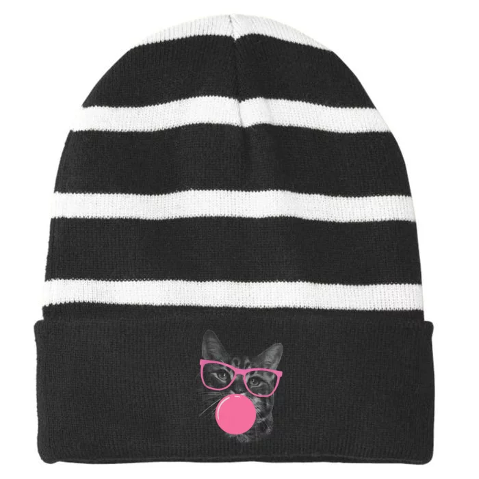 Cute Cat Face Eating Gum And Makes A Bubble Funny Cat Striped Beanie with Solid Band