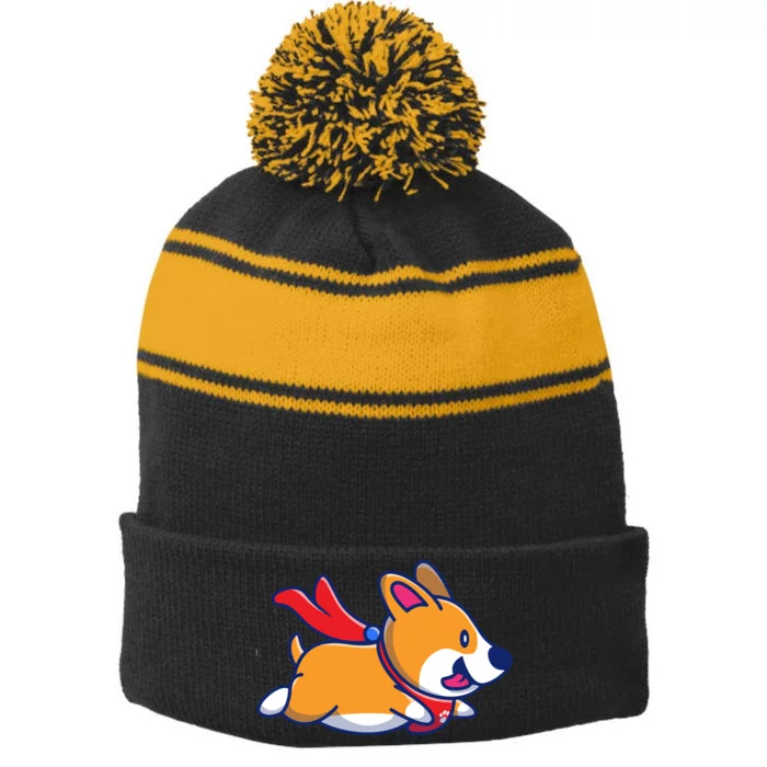 Cute Corgi Flying Cartoon Stripe Pom Pom Beanie