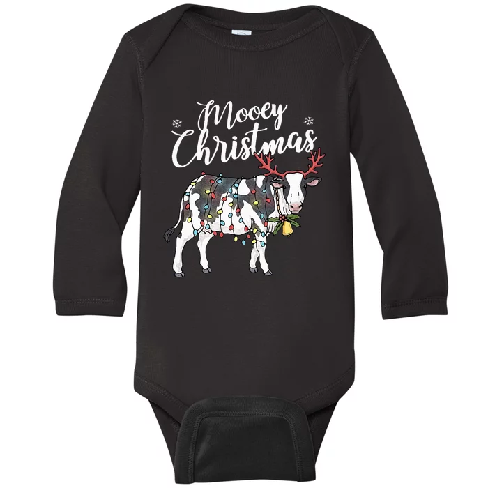 Cow Christmas Funny Mooey Xmas Lights Baby Long Sleeve Bodysuit