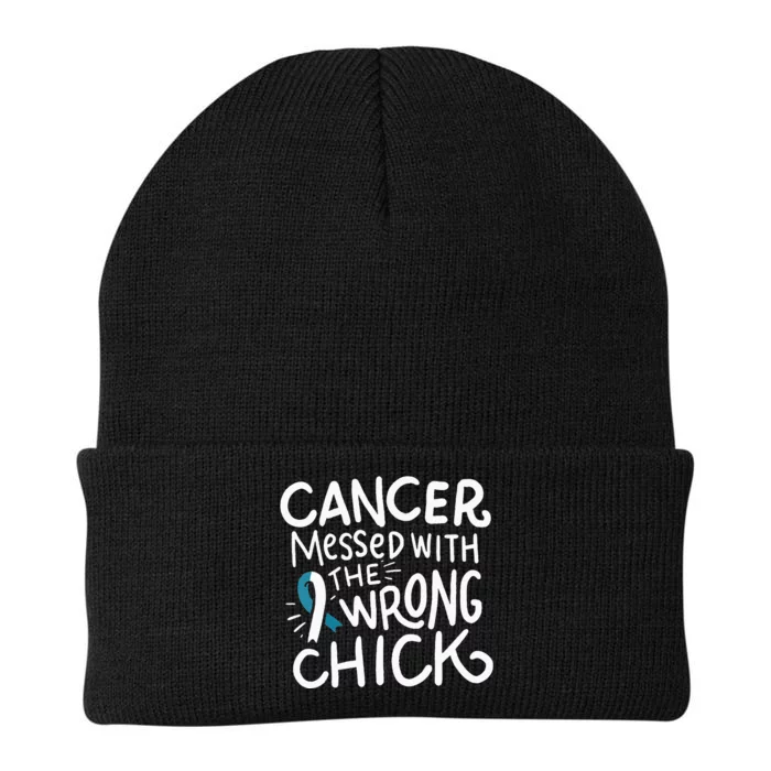 Cervical Cancer Fighter Chemo Gift White and Teal Ribbon Knit Cap Winter Beanie