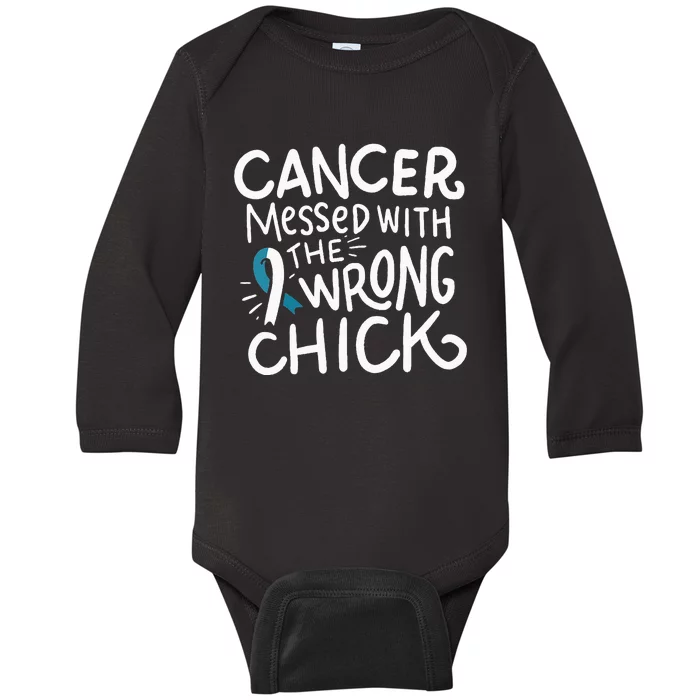 Cervical Cancer Fighter Chemo Gift White and Teal Ribbon Baby Long Sleeve Bodysuit