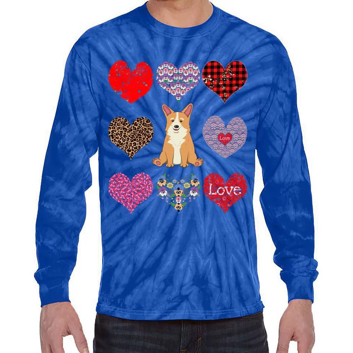 Cute Corgi Funny Dog Mom Hearts Pattern Valentines Day Gift Tie-Dye Long Sleeve Shirt