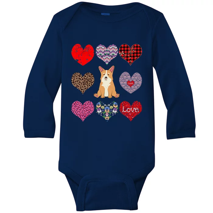 Cute Corgi Funny Dog Mom Hearts Pattern Valentines Day Gift Baby Long Sleeve Bodysuit